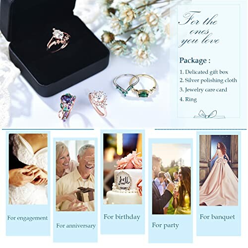 Elegant ring gift package with delicate box and jewelry care card.