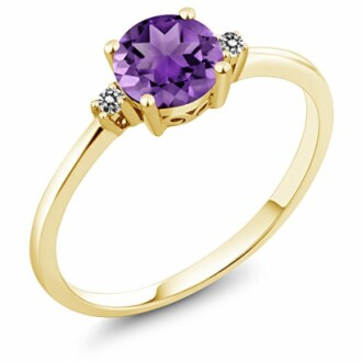 Gem Stone King 10K Yellow Gold Purple Amethyst and White Diamond Solitaire Engagement Ring