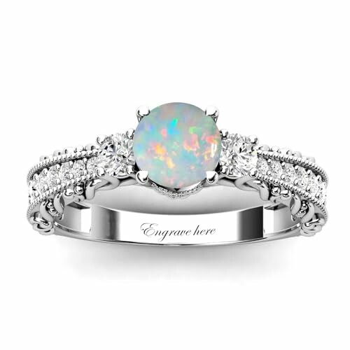 Opal and diamond engagement ring with engraving option