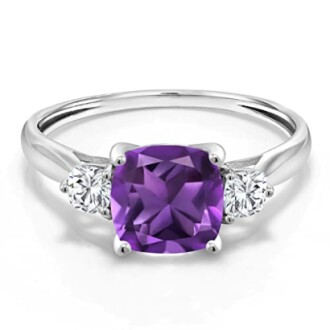 Gem Stone King 1.66 Cttw 10K White Gold Purple Amethyst and White Moissanite 3-Stone Engagement Ring