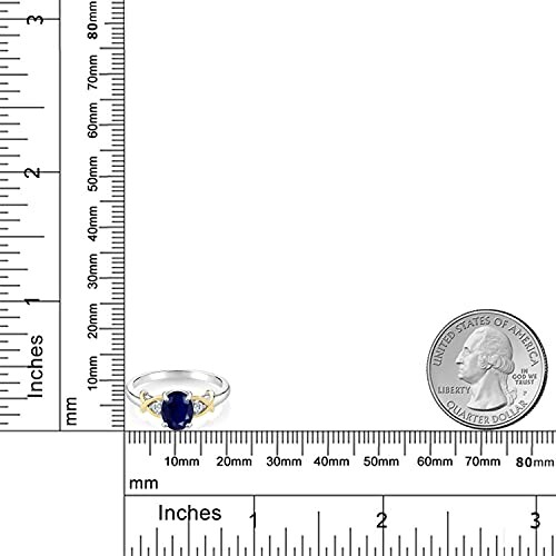 Sapphire ring next to a coin for scale with measurement rulers.